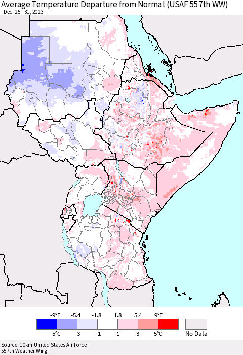 Eastern Africa Average Temperature Departure from Normal (USAF 557th WW) Thematic Map For 12/25/2023 - 12/31/2023