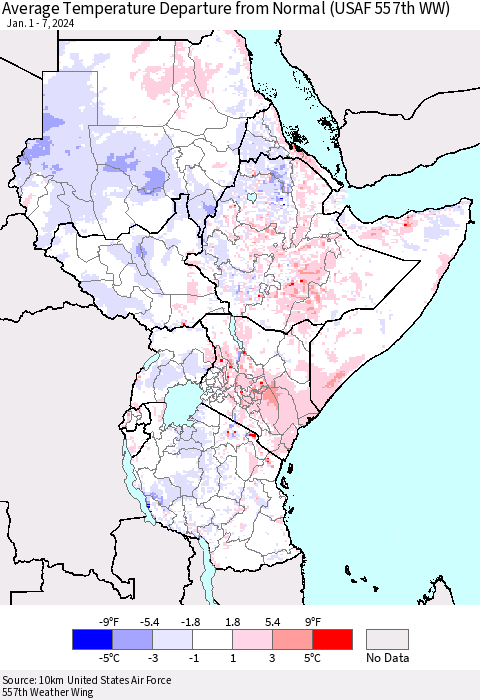 Eastern Africa Average Temperature Departure from Normal (USAF 557th WW) Thematic Map For 1/1/2024 - 1/7/2024