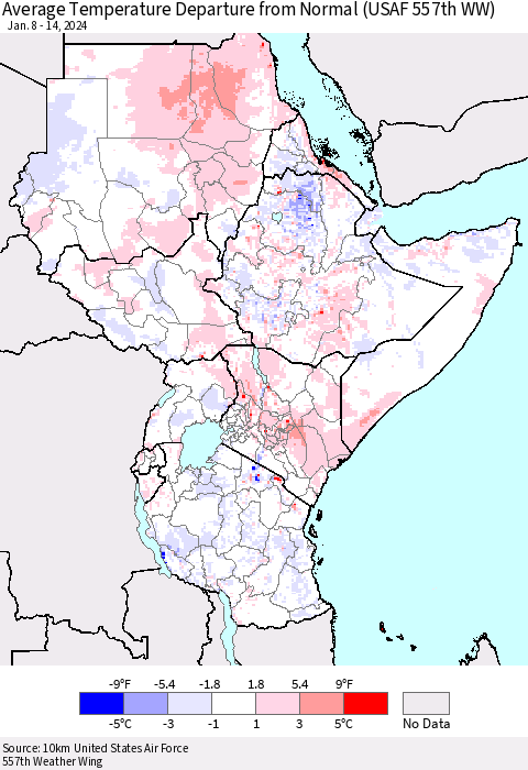 Eastern Africa Average Temperature Departure from Normal (USAF 557th WW) Thematic Map For 1/8/2024 - 1/14/2024
