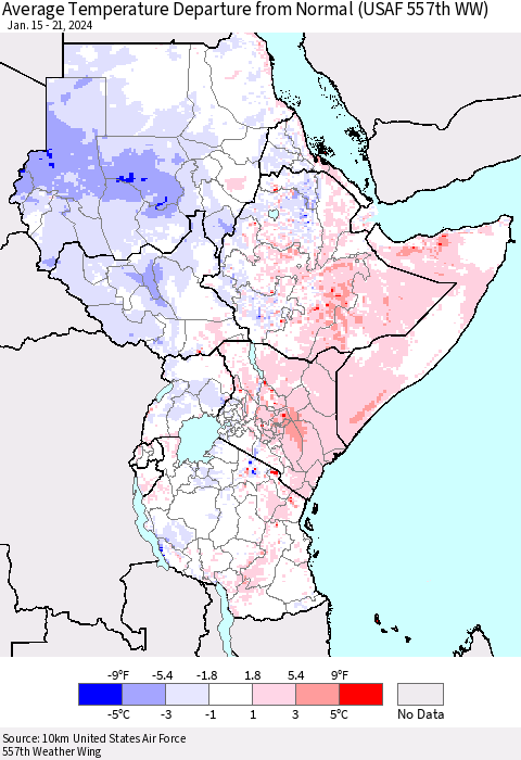 Eastern Africa Average Temperature Departure from Normal (USAF 557th WW) Thematic Map For 1/15/2024 - 1/21/2024