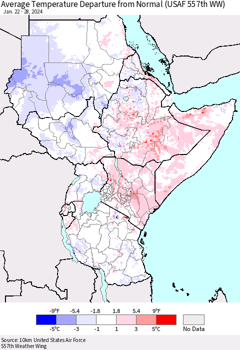 Eastern Africa Average Temperature Departure from Normal (USAF 557th WW) Thematic Map For 1/22/2024 - 1/28/2024