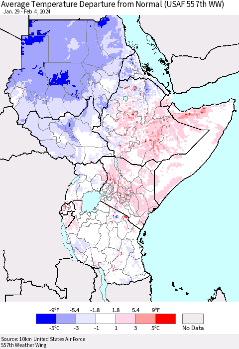 Eastern Africa Average Temperature Departure from Normal (USAF 557th WW) Thematic Map For 1/29/2024 - 2/4/2024