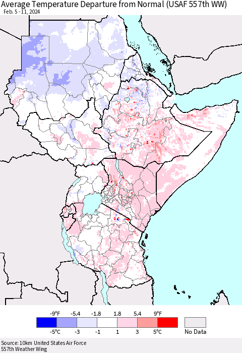 Eastern Africa Average Temperature Departure from Normal (USAF 557th WW) Thematic Map For 2/5/2024 - 2/11/2024