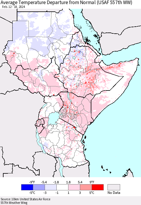Eastern Africa Average Temperature Departure from Normal (USAF 557th WW) Thematic Map For 2/12/2024 - 2/18/2024