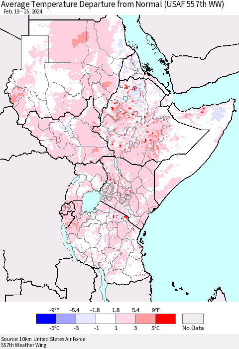 Eastern Africa Average Temperature Departure from Normal (USAF 557th WW) Thematic Map For 2/19/2024 - 2/25/2024