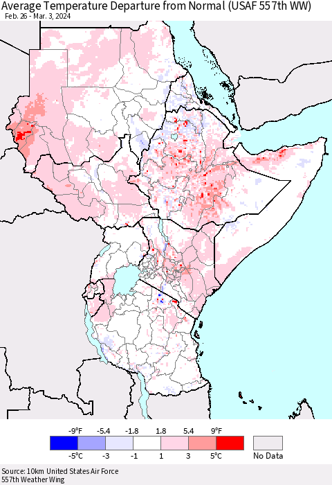 Eastern Africa Average Temperature Departure from Normal (USAF 557th WW) Thematic Map For 2/26/2024 - 3/3/2024