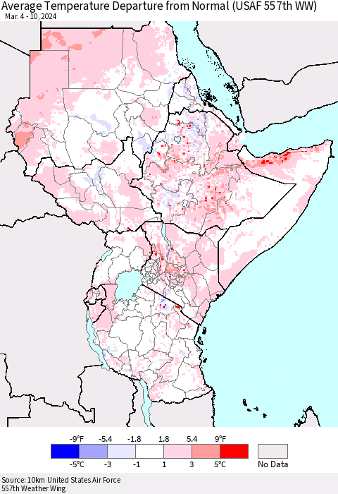 Eastern Africa Average Temperature Departure from Normal (USAF 557th WW) Thematic Map For 3/4/2024 - 3/10/2024