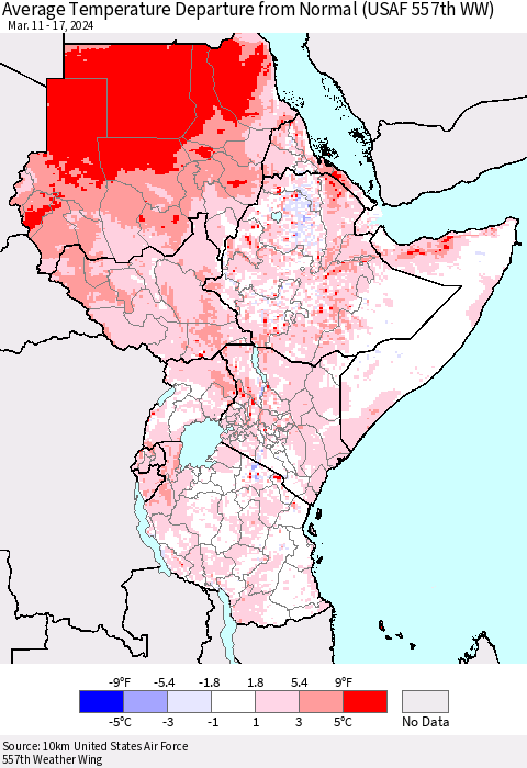 Eastern Africa Average Temperature Departure from Normal (USAF 557th WW) Thematic Map For 3/11/2024 - 3/17/2024