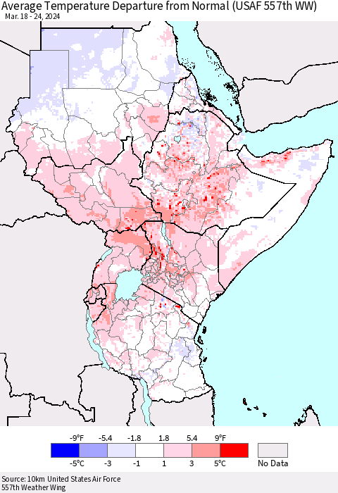 Eastern Africa Average Temperature Departure from Normal (USAF 557th WW) Thematic Map For 3/18/2024 - 3/24/2024