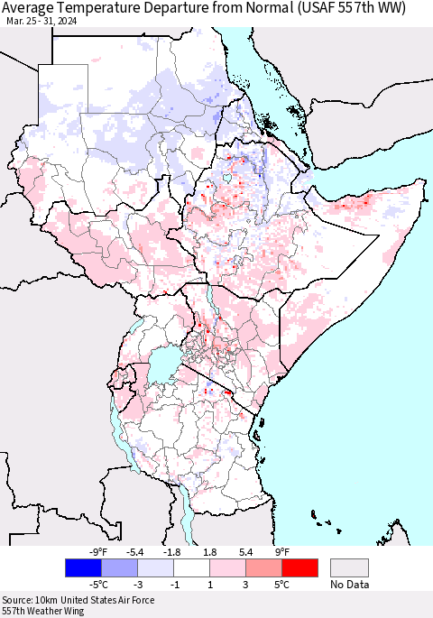 Eastern Africa Average Temperature Departure from Normal (USAF 557th WW) Thematic Map For 3/25/2024 - 3/31/2024