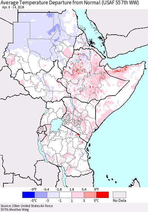Eastern Africa Average Temperature Departure from Normal (USAF 557th WW) Thematic Map For 4/8/2024 - 4/14/2024
