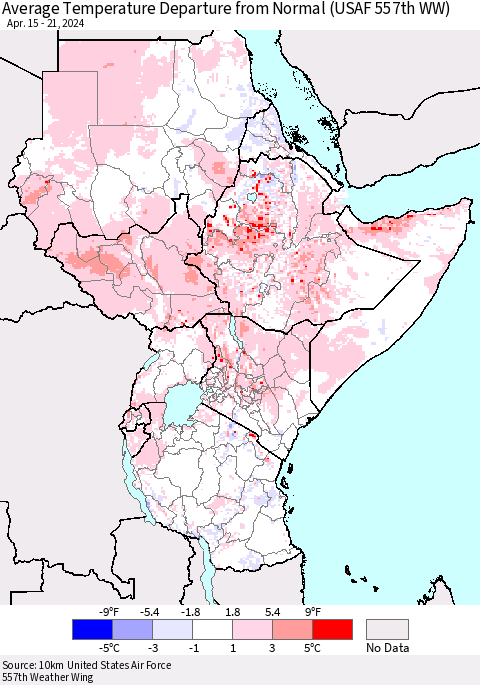Eastern Africa Average Temperature Departure from Normal (USAF 557th WW) Thematic Map For 4/15/2024 - 4/21/2024