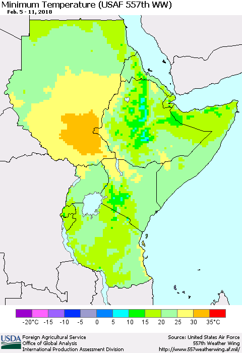Eastern Africa Mean Minimum Temperature (USAF 557th WW) Thematic Map For 2/5/2018 - 2/11/2018