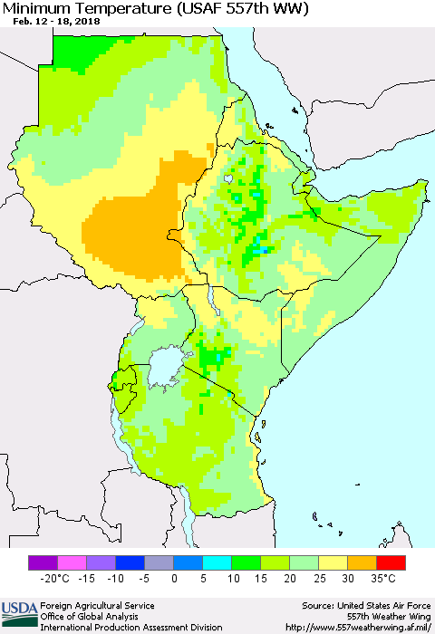 Eastern Africa Mean Minimum Temperature (USAF 557th WW) Thematic Map For 2/12/2018 - 2/18/2018
