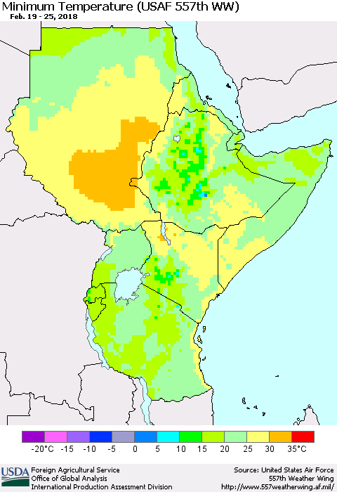 Eastern Africa Mean Minimum Temperature (USAF 557th WW) Thematic Map For 2/19/2018 - 2/25/2018