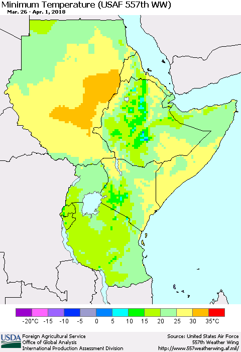 Eastern Africa Mean Minimum Temperature (USAF 557th WW) Thematic Map For 3/26/2018 - 4/1/2018