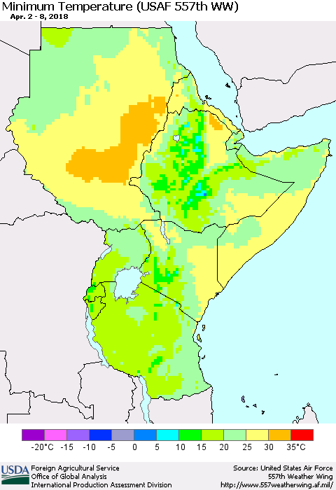 Eastern Africa Mean Minimum Temperature (USAF 557th WW) Thematic Map For 4/2/2018 - 4/8/2018