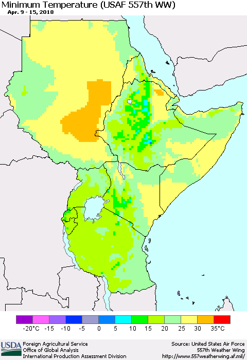 Eastern Africa Mean Minimum Temperature (USAF 557th WW) Thematic Map For 4/9/2018 - 4/15/2018