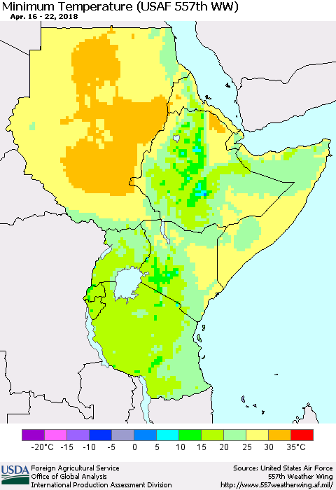 Eastern Africa Mean Minimum Temperature (USAF 557th WW) Thematic Map For 4/16/2018 - 4/22/2018