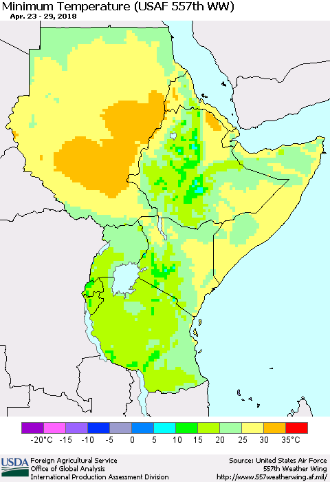 Eastern Africa Mean Minimum Temperature (USAF 557th WW) Thematic Map For 4/23/2018 - 4/29/2018