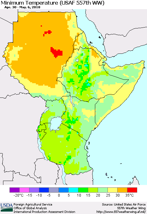 Eastern Africa Mean Minimum Temperature (USAF 557th WW) Thematic Map For 4/30/2018 - 5/6/2018