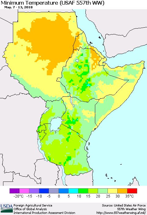 Eastern Africa Mean Minimum Temperature (USAF 557th WW) Thematic Map For 5/7/2018 - 5/13/2018
