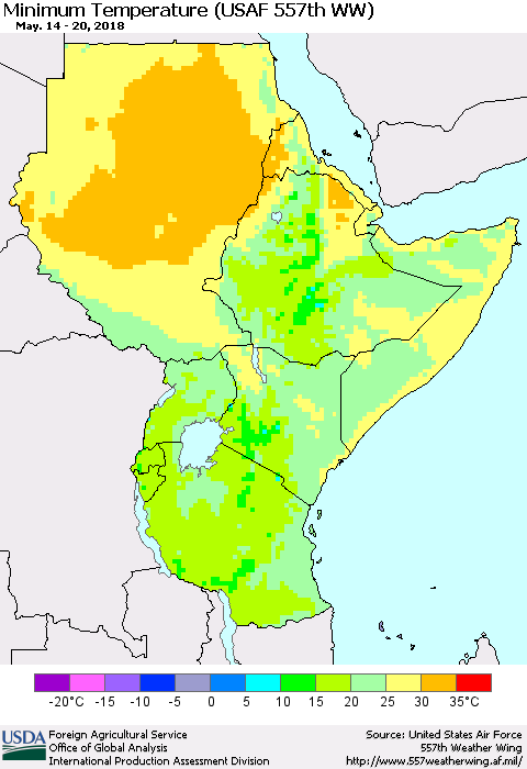 Eastern Africa Mean Minimum Temperature (USAF 557th WW) Thematic Map For 5/14/2018 - 5/20/2018