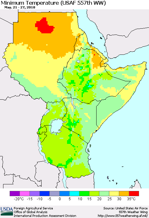 Eastern Africa Mean Minimum Temperature (USAF 557th WW) Thematic Map For 5/21/2018 - 5/27/2018
