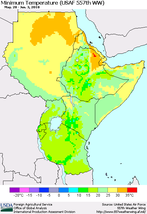 Eastern Africa Mean Minimum Temperature (USAF 557th WW) Thematic Map For 5/28/2018 - 6/3/2018
