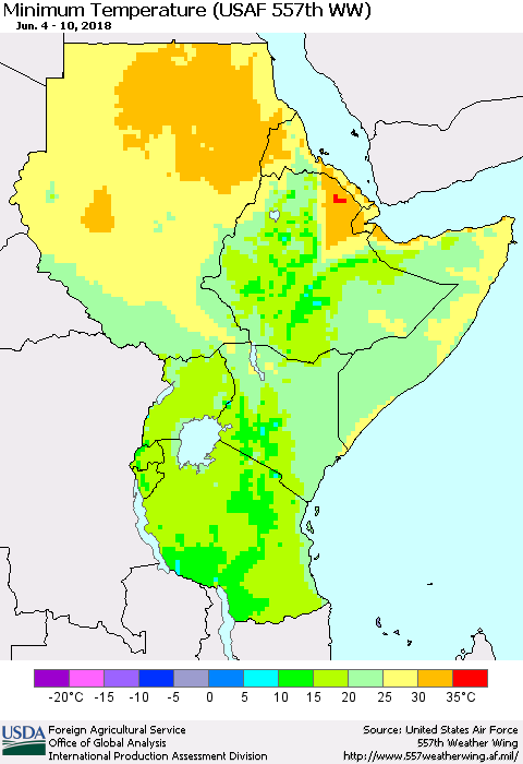 Eastern Africa Mean Minimum Temperature (USAF 557th WW) Thematic Map For 6/4/2018 - 6/10/2018