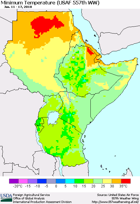 Eastern Africa Mean Minimum Temperature (USAF 557th WW) Thematic Map For 6/11/2018 - 6/17/2018