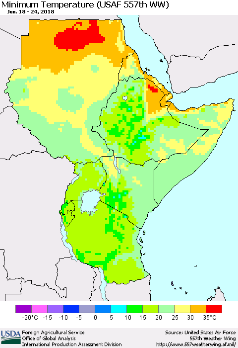 Eastern Africa Mean Minimum Temperature (USAF 557th WW) Thematic Map For 6/18/2018 - 6/24/2018