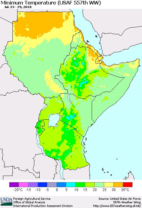 Eastern Africa Mean Minimum Temperature (USAF 557th WW) Thematic Map For 7/23/2018 - 7/29/2018