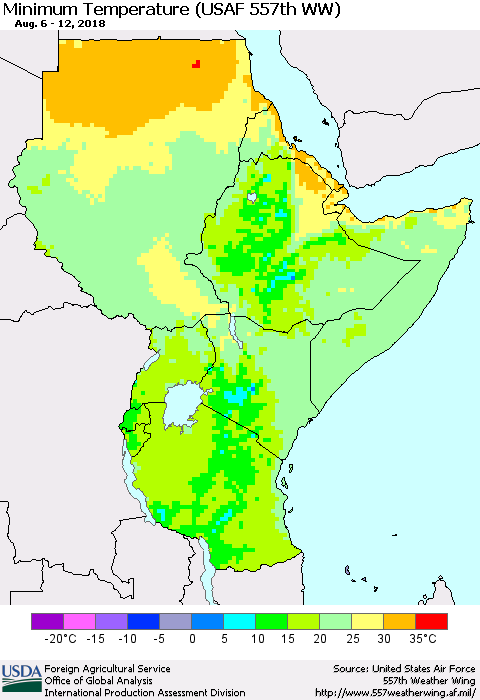 Eastern Africa Mean Minimum Temperature (USAF 557th WW) Thematic Map For 8/6/2018 - 8/12/2018