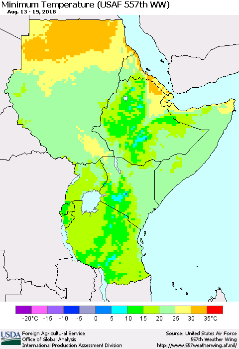 Eastern Africa Mean Minimum Temperature (USAF 557th WW) Thematic Map For 8/13/2018 - 8/19/2018