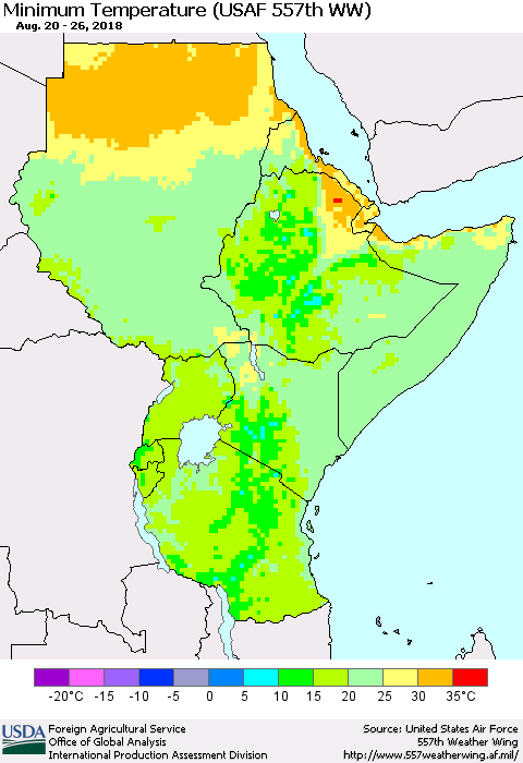 Eastern Africa Mean Minimum Temperature (USAF 557th WW) Thematic Map For 8/20/2018 - 8/26/2018