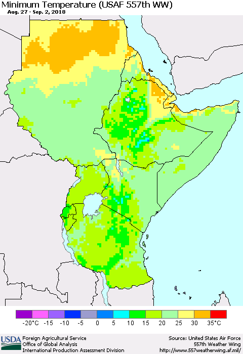 Eastern Africa Mean Minimum Temperature (USAF 557th WW) Thematic Map For 8/27/2018 - 9/2/2018