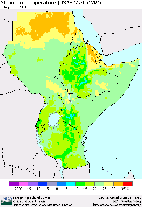 Eastern Africa Mean Minimum Temperature (USAF 557th WW) Thematic Map For 9/3/2018 - 9/9/2018