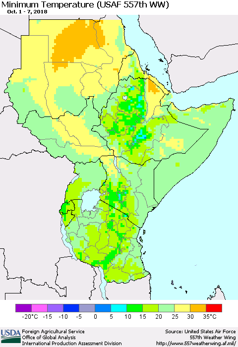 Eastern Africa Mean Minimum Temperature (USAF 557th WW) Thematic Map For 10/1/2018 - 10/7/2018