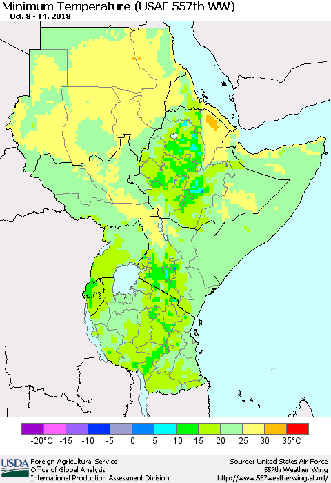 Eastern Africa Mean Minimum Temperature (USAF 557th WW) Thematic Map For 10/8/2018 - 10/14/2018