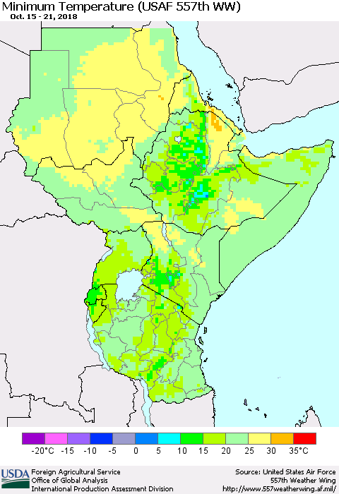 Eastern Africa Mean Minimum Temperature (USAF 557th WW) Thematic Map For 10/15/2018 - 10/21/2018