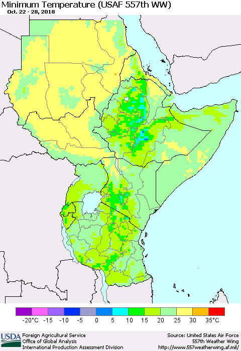 Eastern Africa Mean Minimum Temperature (USAF 557th WW) Thematic Map For 10/22/2018 - 10/28/2018