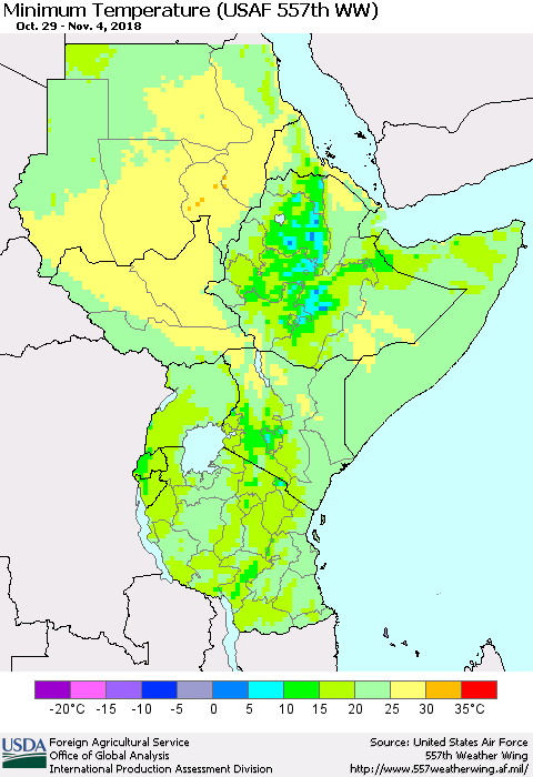 Eastern Africa Mean Minimum Temperature (USAF 557th WW) Thematic Map For 10/29/2018 - 11/4/2018