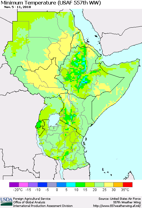 Eastern Africa Mean Minimum Temperature (USAF 557th WW) Thematic Map For 11/5/2018 - 11/11/2018
