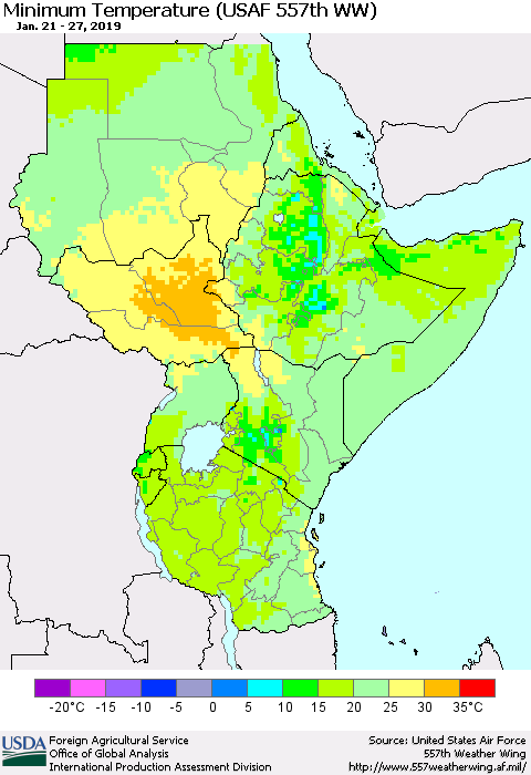 Eastern Africa Mean Minimum Temperature (USAF 557th WW) Thematic Map For 1/21/2019 - 1/27/2019