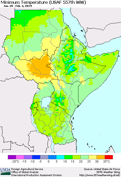 Eastern Africa Mean Minimum Temperature (USAF 557th WW) Thematic Map For 1/28/2019 - 2/3/2019