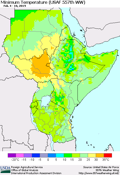 Eastern Africa Mean Minimum Temperature (USAF 557th WW) Thematic Map For 2/4/2019 - 2/10/2019