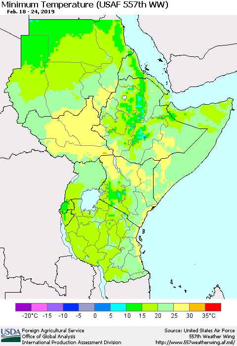 Eastern Africa Mean Minimum Temperature (USAF 557th WW) Thematic Map For 2/18/2019 - 2/24/2019