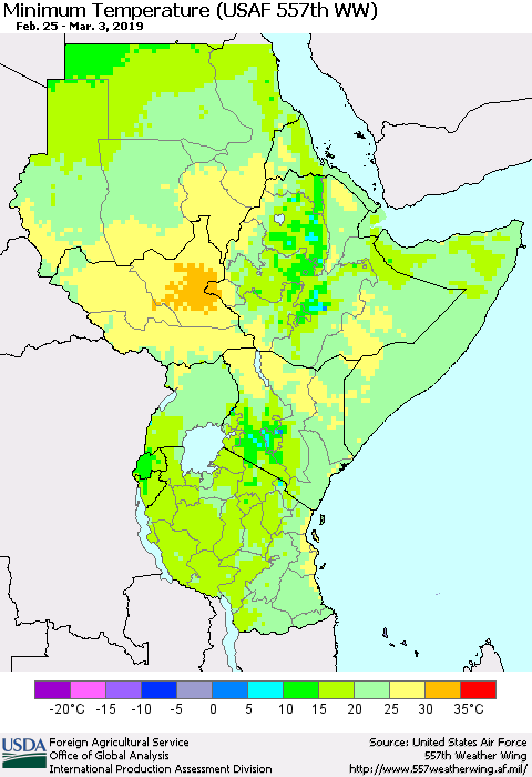 Eastern Africa Mean Minimum Temperature (USAF 557th WW) Thematic Map For 2/25/2019 - 3/3/2019