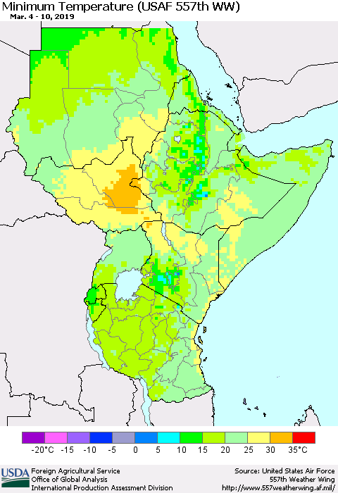 Eastern Africa Mean Minimum Temperature (USAF 557th WW) Thematic Map For 3/4/2019 - 3/10/2019
